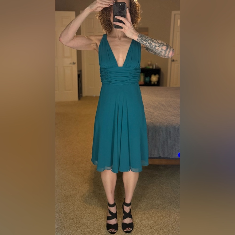 Vintage Faviana Teal Chiffon Midi Dress Y2K Size 9/10 (Closer to Size 6) Formal